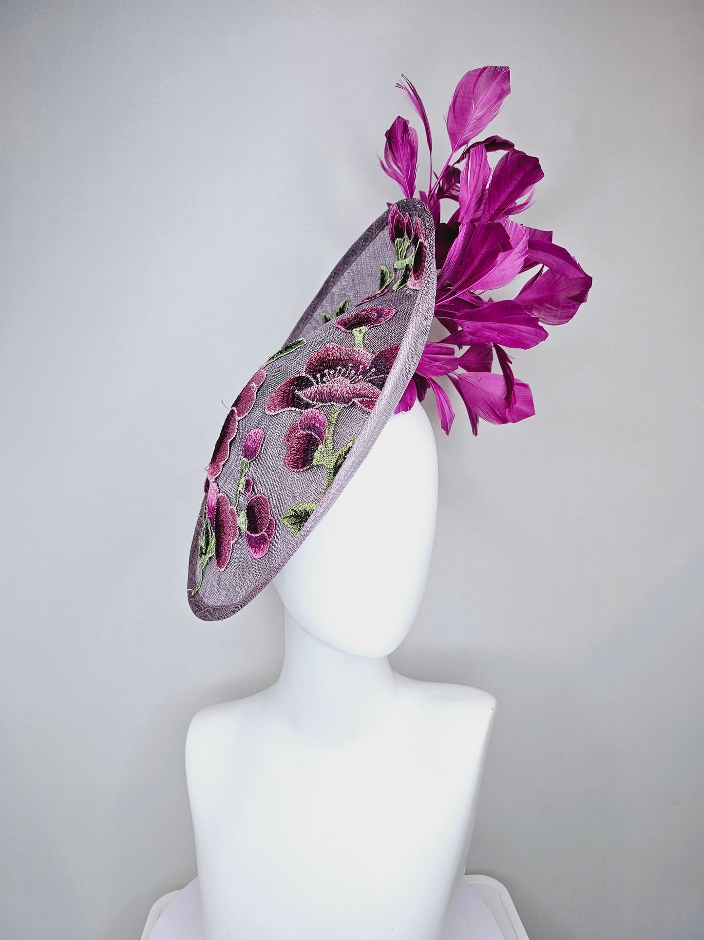 kentucky derby hat fascinator light purple lavender sinamay saucer w pink lavender purple green embroidered flowers,and purple feathers