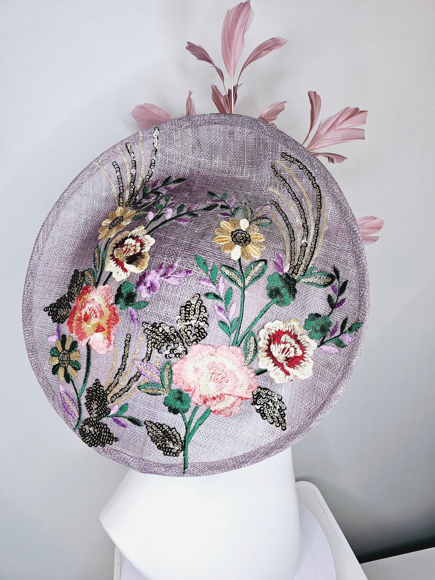 kentucky derby hat fascinator light purple lavender sinamay saucer w yellow,green,coral,gold sequins embroidered flowers,blush pink feathers