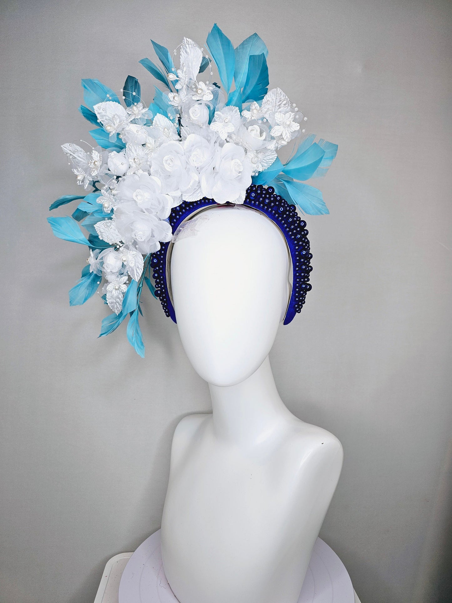 kentucky derby hat fascinator midnight blue pearl beaded headband with sky blue feathers and white organza satin flowers and pearl strings