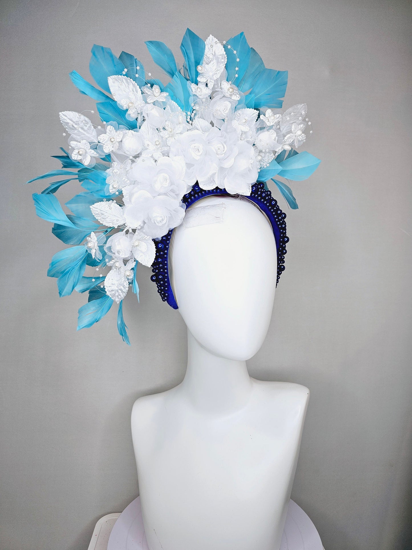 kentucky derby hat fascinator midnight blue pearl beaded headband with sky blue feathers and white organza satin flowers and pearl strings