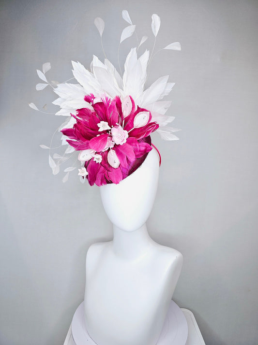 kentucky derby hat fascinator magenta fuchsia pink purple satin with light pink pearl beaded leaves and organza flowers,pink white feathers