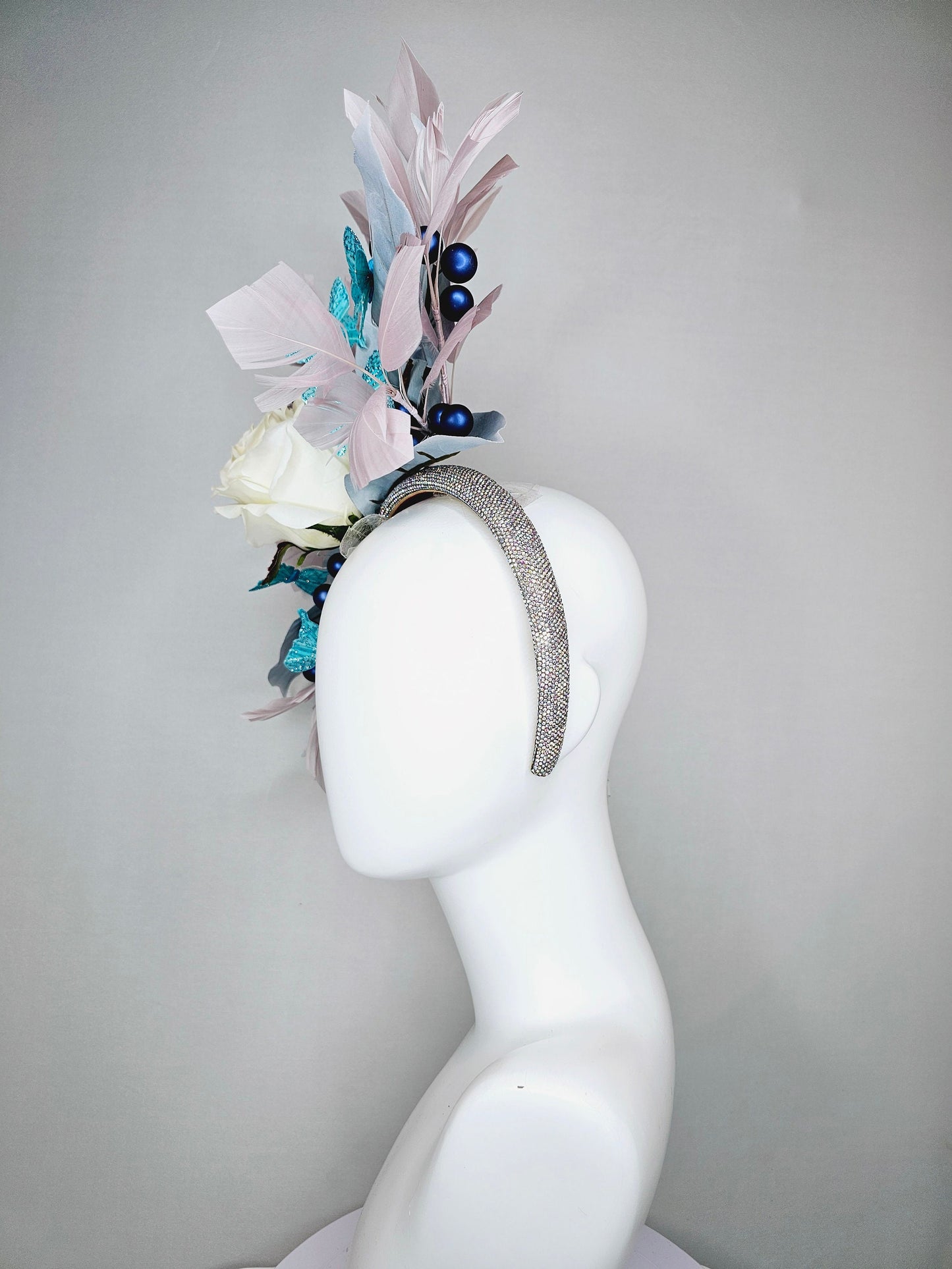 kentucky derby hat fascinator swarovski crystal rhinestone beaded headband,ivory silk rose,aqua blue butterflies,blue leaves, taupe feathers