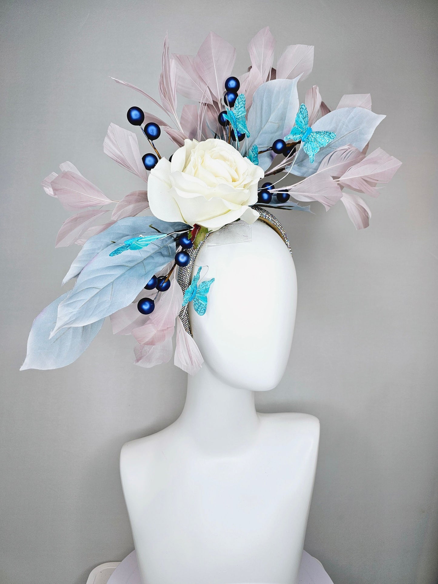 kentucky derby hat fascinator swarovski crystal rhinestone beaded headband,ivory silk rose,aqua blue butterflies,blue leaves, taupe feathers
