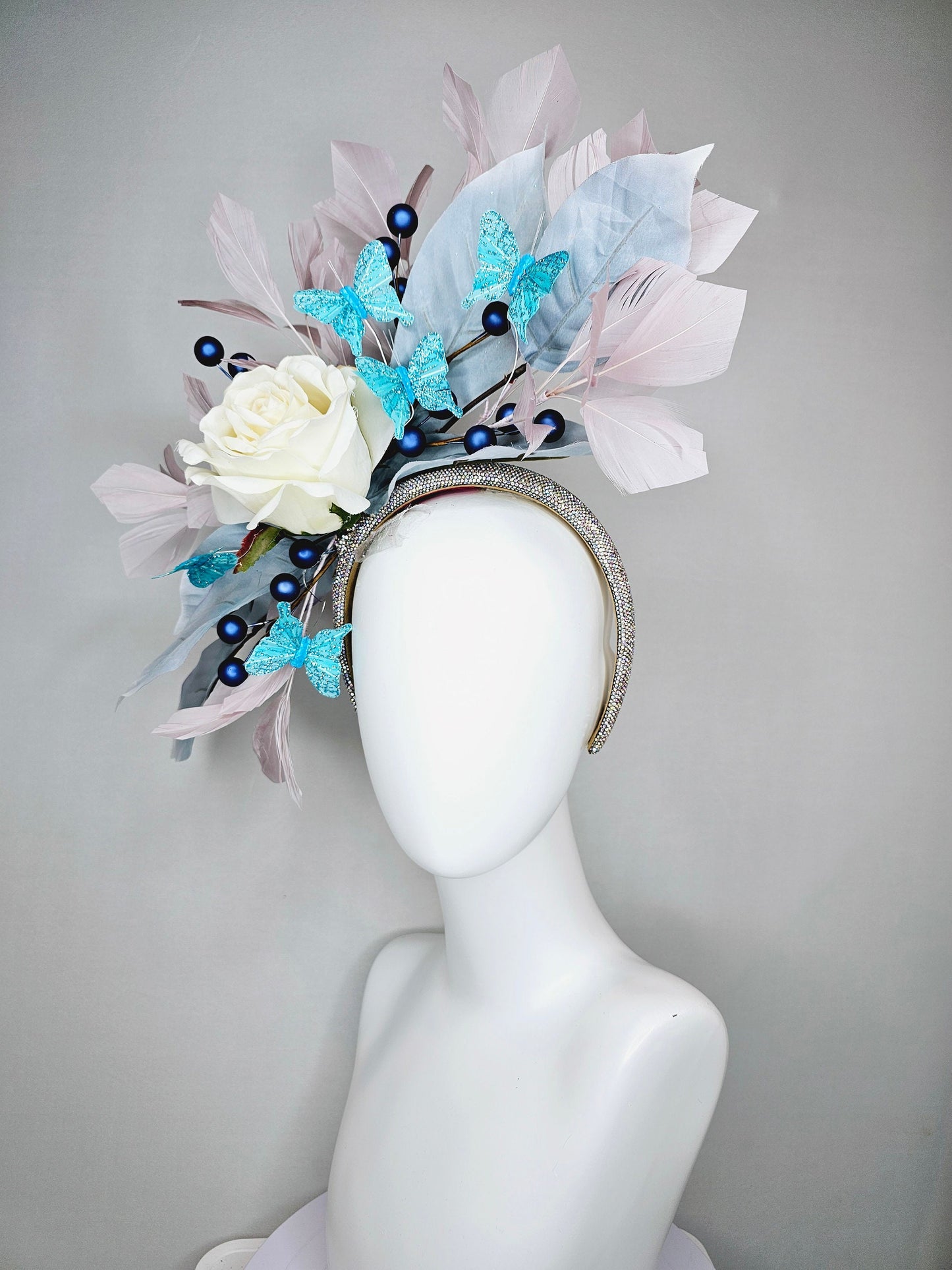kentucky derby hat fascinator swarovski crystal rhinestone beaded headband,ivory silk rose,aqua blue butterflies,blue leaves, taupe feathers