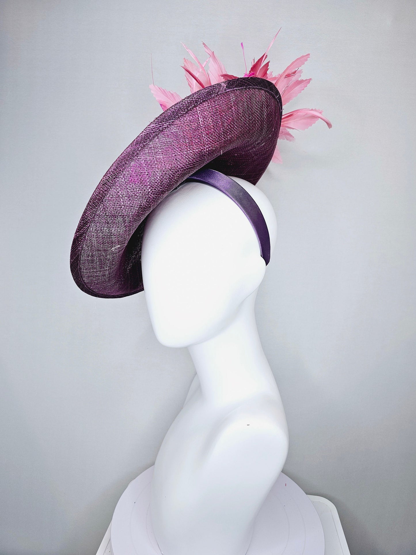 kentucky derby hat fascinator purple mauve sinamay saucer with sequin pink pearls crystal jewel beaded flowers,blush pink fuchsia feathers