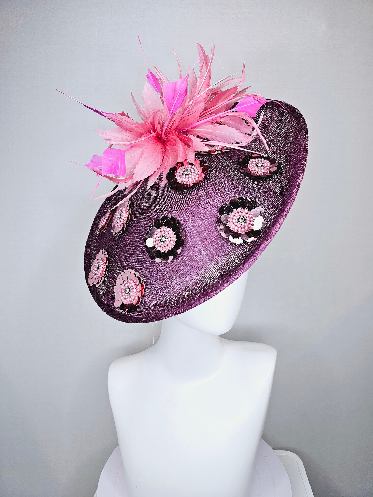 kentucky derby hat fascinator purple mauve sinamay saucer with sequin pink pearls crystal jewel beaded flowers,blush pink fuchsia feathers