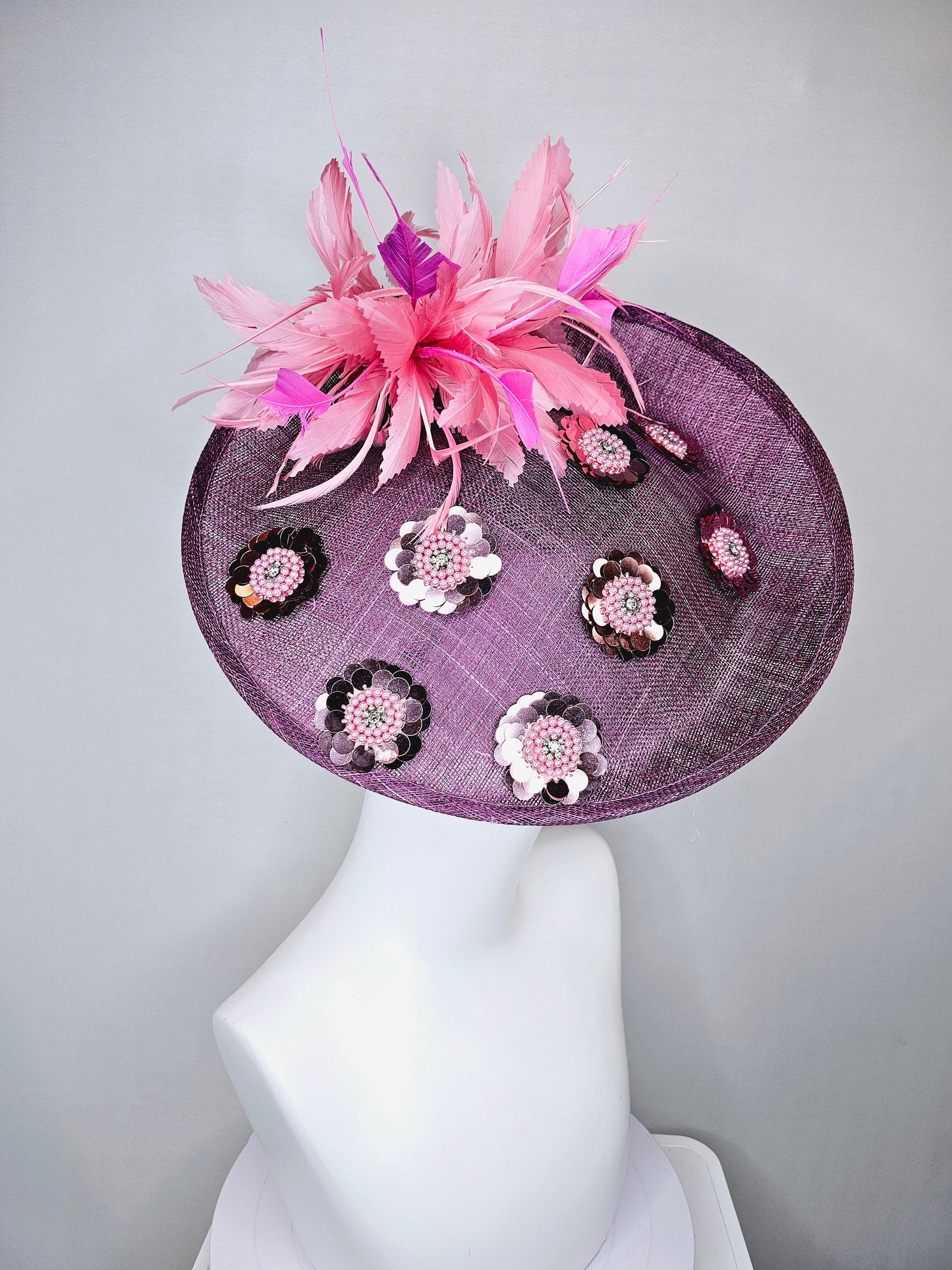 kentucky derby hat fascinator purple mauve sinamay saucer with sequin pink pearls crystal jewel beaded flowers,blush pink fuchsia feathers