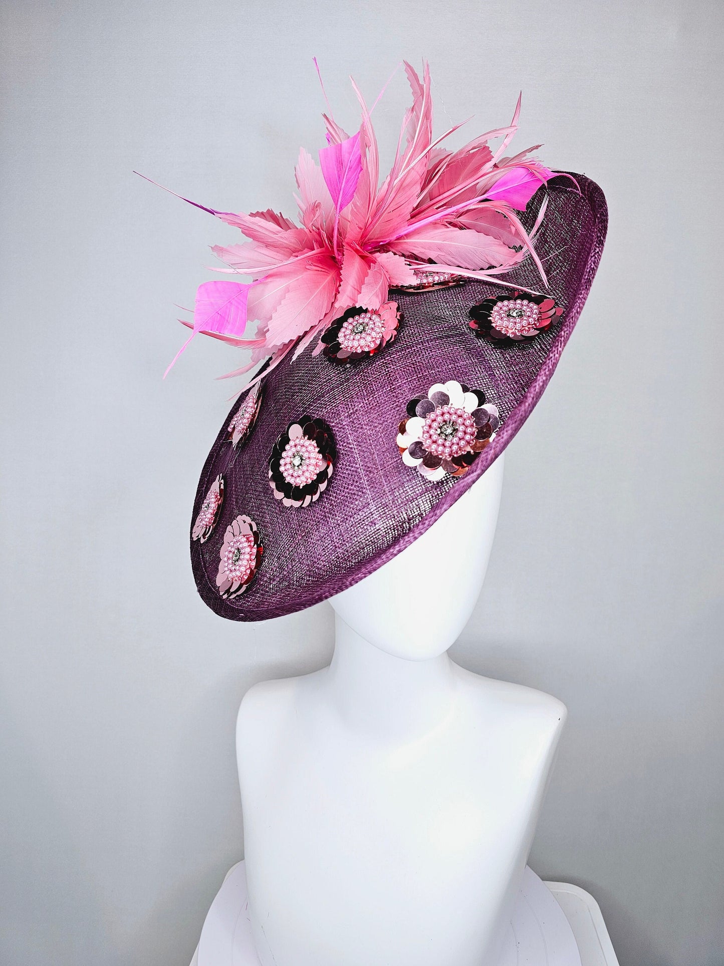 kentucky derby hat fascinator purple mauve sinamay saucer with sequin pink pearls crystal jewel beaded flowers,blush pink fuchsia feathers