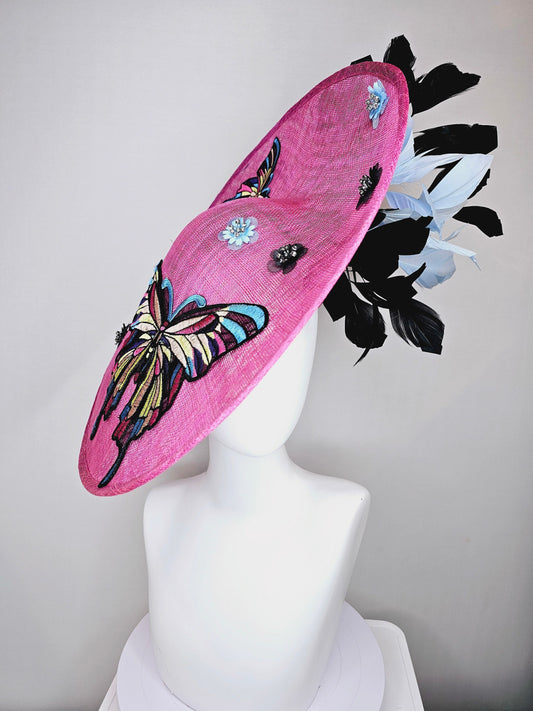 kentucky derby hat fascinator large pink sinamay saucer rainbow embroidered butterflies,blue black sequin beaded flowers,black blue feather