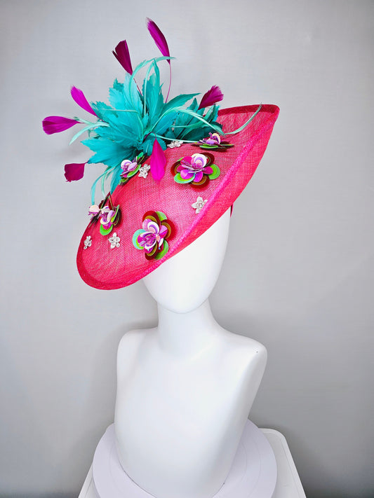 kentucky derby hat fascinator hot pink sinamay saucer with iridescent sequin beaded floral embroidered, and purple turquoise blue feathers