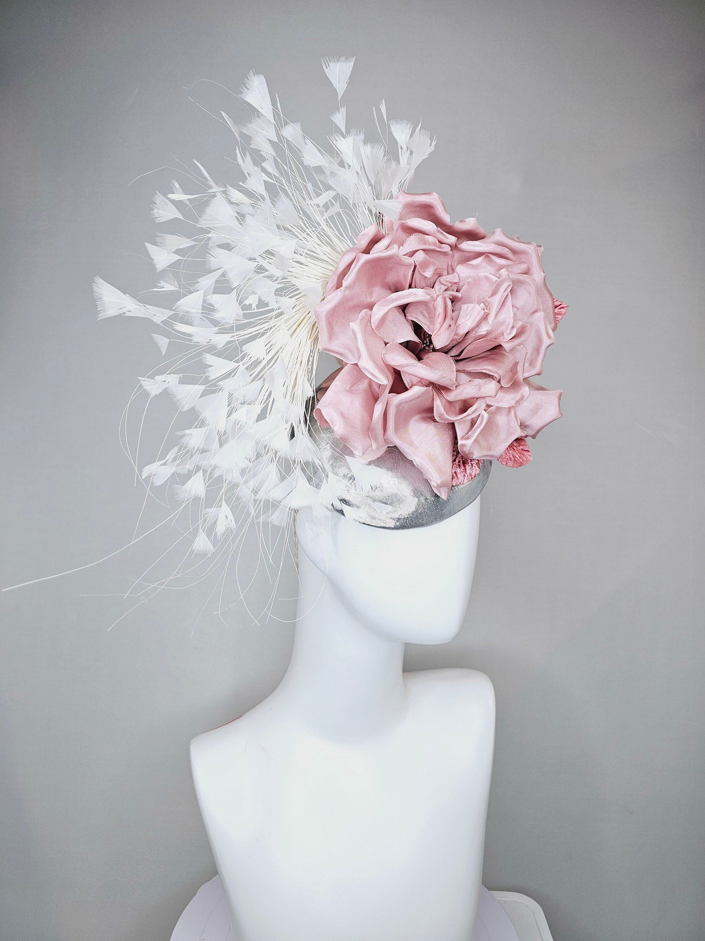 kentucky derby hat fascinator silver metallic with large blush pink satin flower and pink velvet leaves, white branching feathers