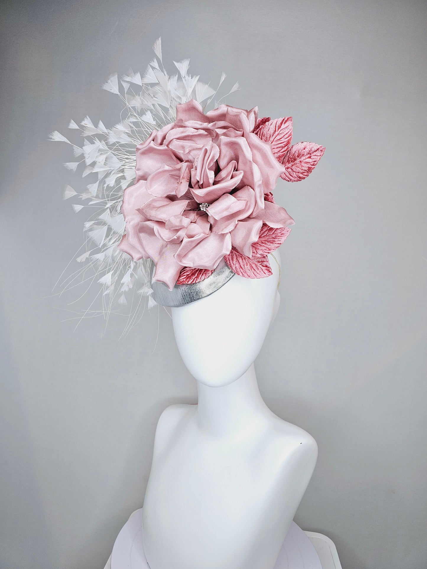 kentucky derby hat fascinator silver metallic with large blush pink satin flower and pink velvet leaves, white branching feathers