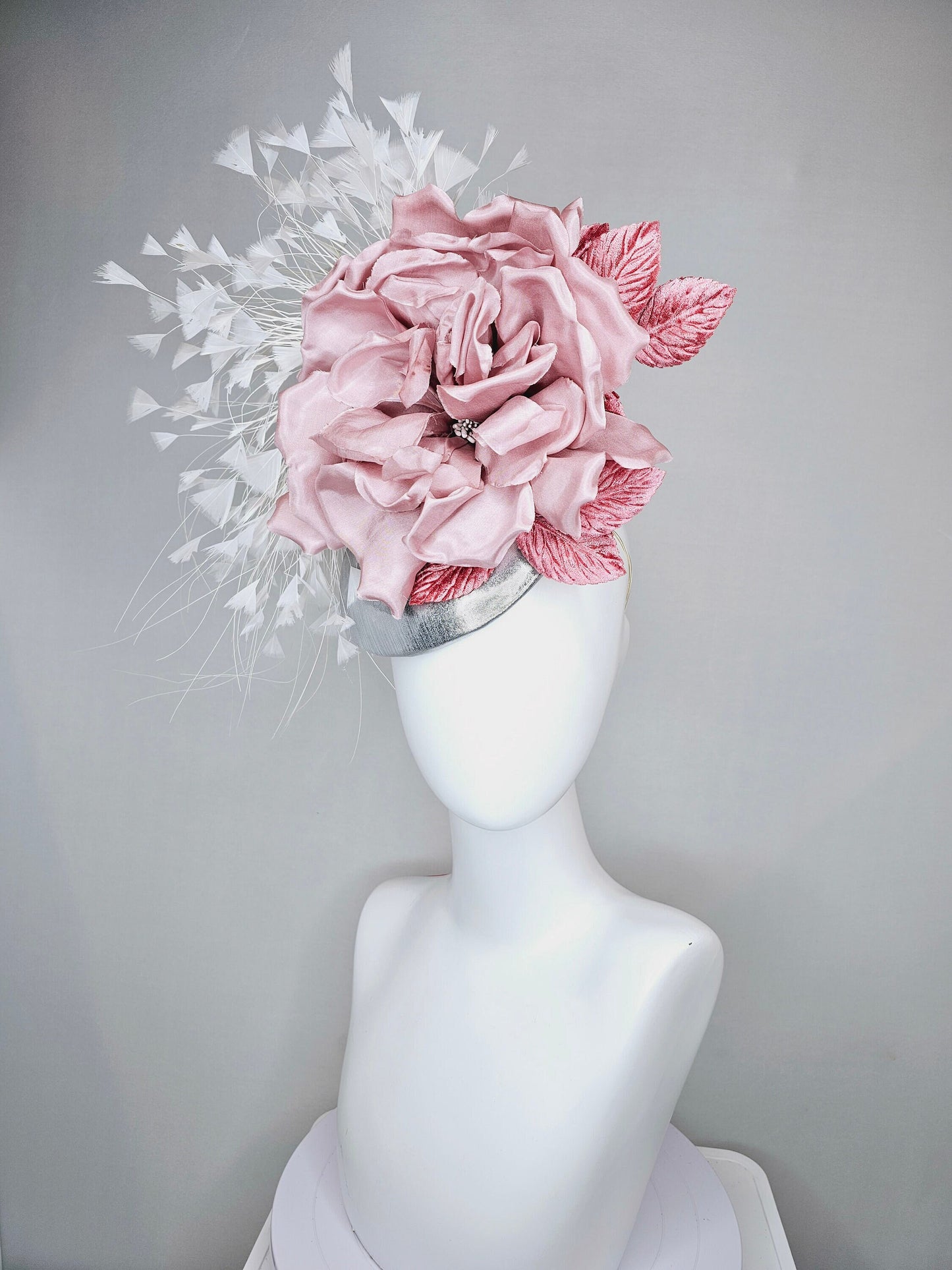 kentucky derby hat fascinator silver metallic with large blush pink satin flower and pink velvet leaves, white branching feathers