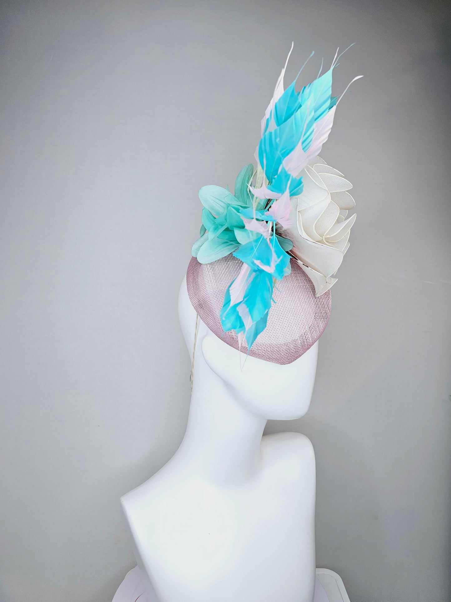 kentucky derby hat fascinator blush light pink sinamay with aqua turquoise blue white feathers and large ivory cream flower with gold core