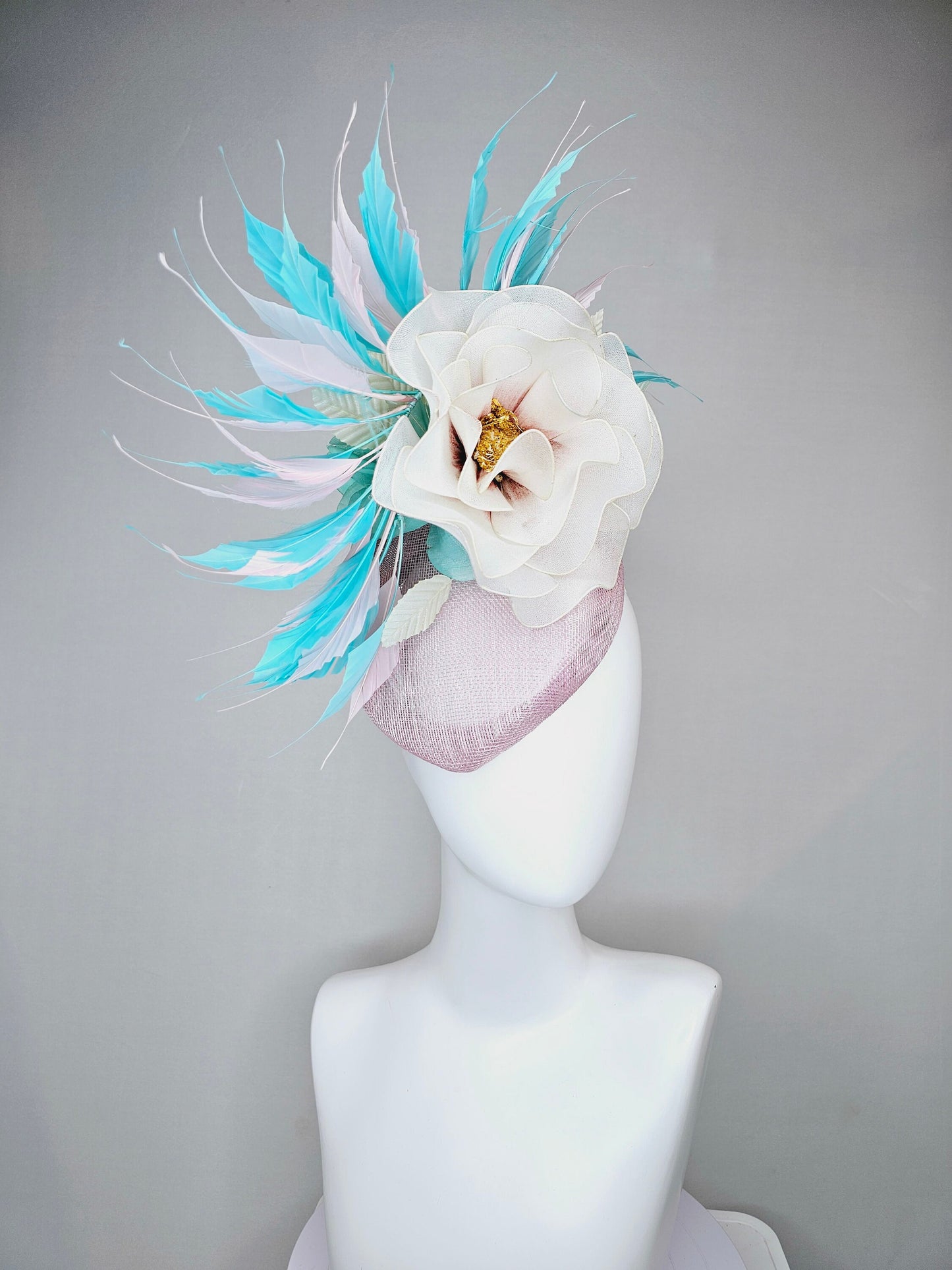 kentucky derby hat fascinator blush light pink sinamay with aqua turquoise blue white feathers and large ivory cream flower with gold core