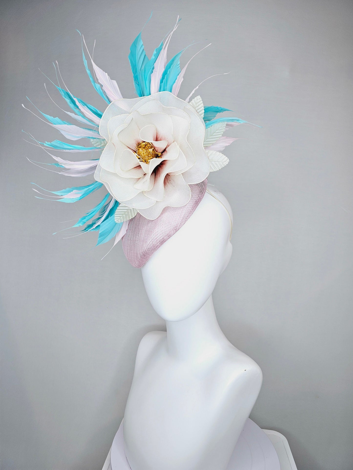 kentucky derby hat fascinator blush light pink sinamay with aqua turquoise blue white feathers and large ivory cream flower with gold core