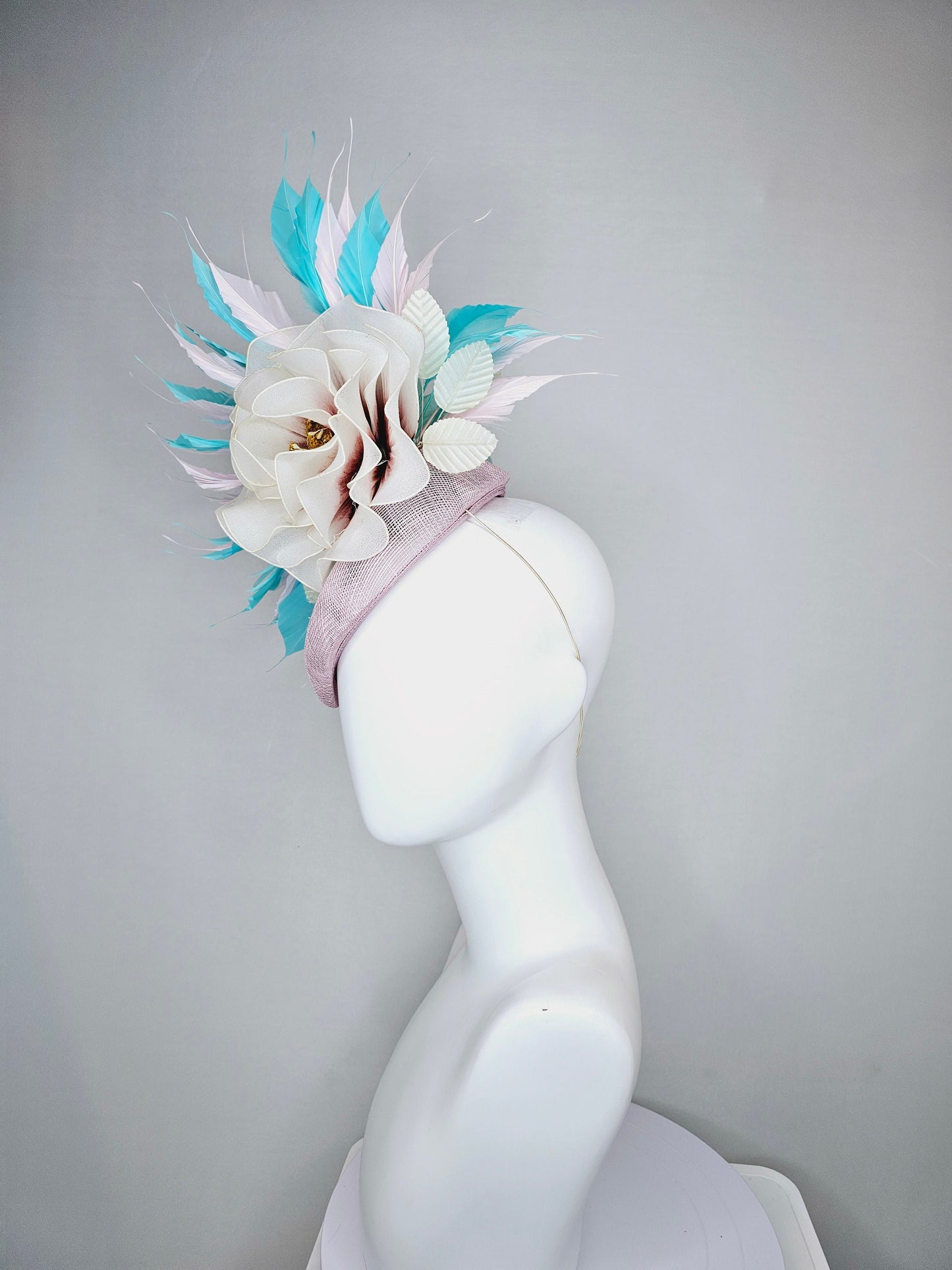 kentucky derby hat fascinator blush light pink sinamay with aqua turquoise blue white feathers and large ivory cream flower with gold core