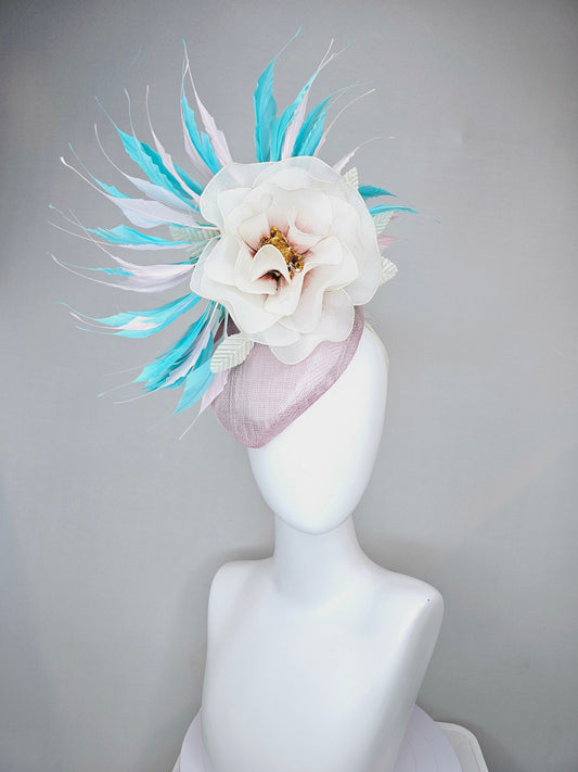 kentucky derby hat fascinator blush light pink sinamay with aqua turquoise blue white feathers and large ivory cream flower with gold core