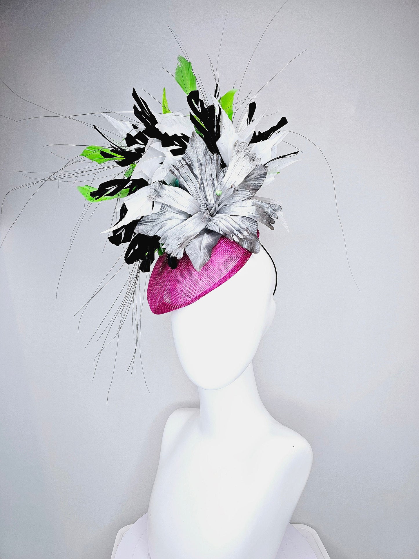 kentucky derby hat fascinator purple magenta violet sinamay with large gray silver metallic satin flower,and black,white,lime green feathers