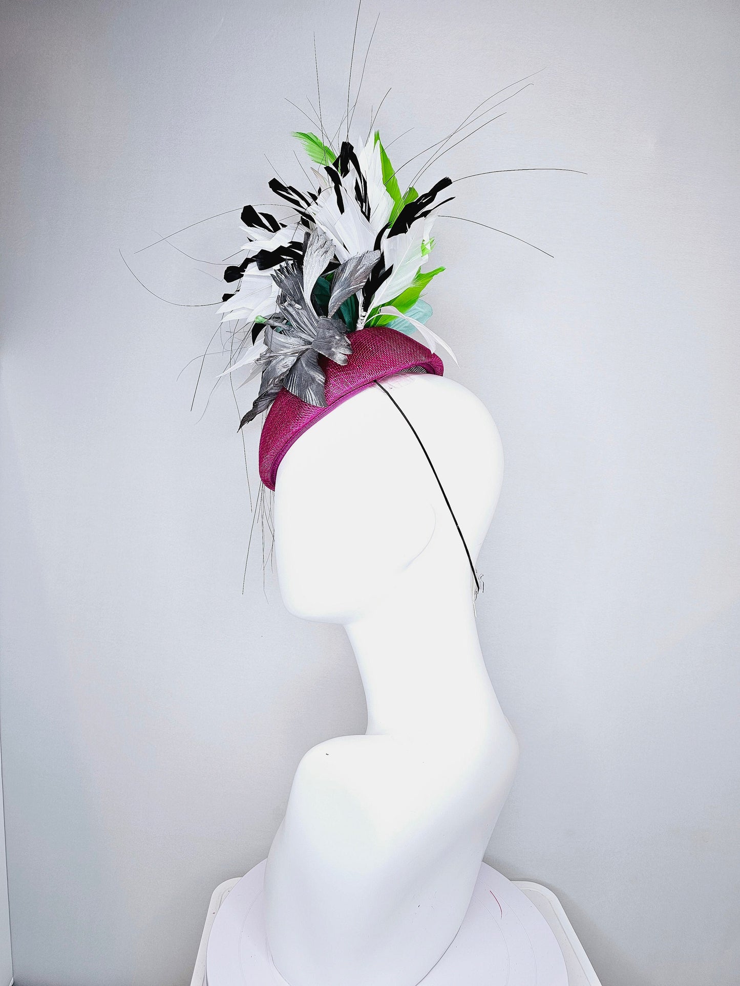 kentucky derby hat fascinator purple magenta violet sinamay with large gray silver metallic satin flower,and black,white,lime green feathers