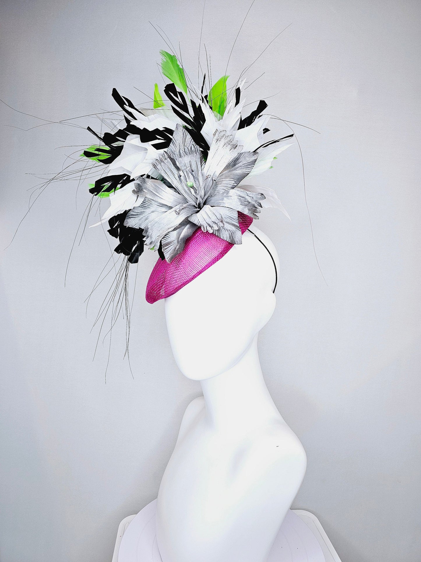 kentucky derby hat fascinator purple magenta violet sinamay with large gray silver metallic satin flower,and black,white,lime green feathers