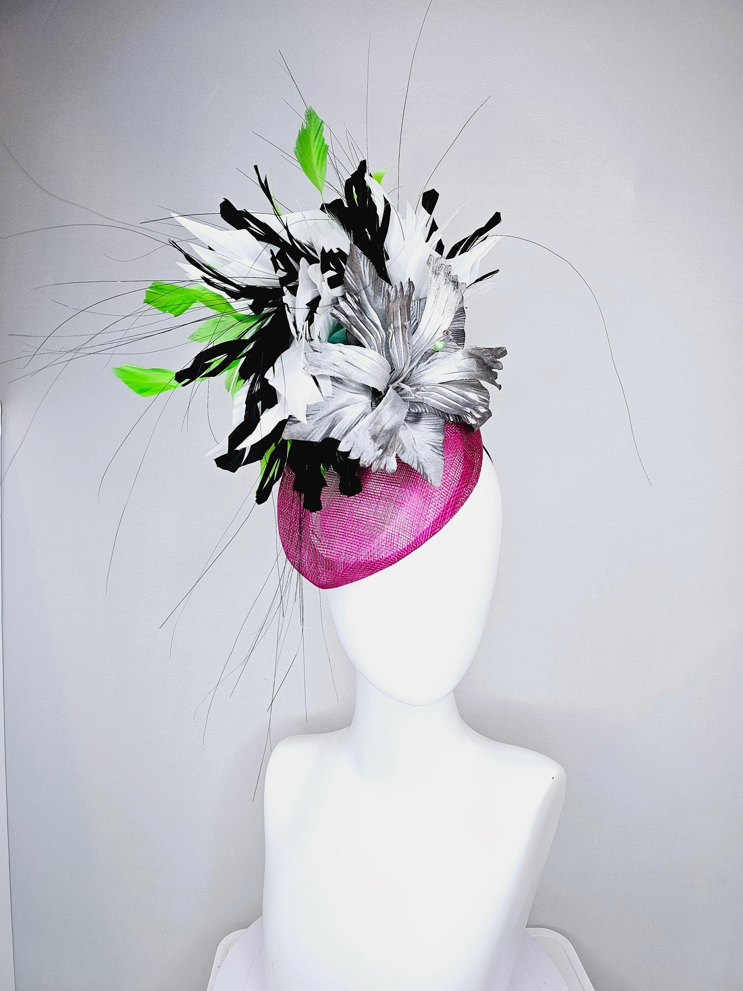 kentucky derby hat fascinator purple magenta violet sinamay with large gray silver metallic satin flower,and black,white,lime green feathers