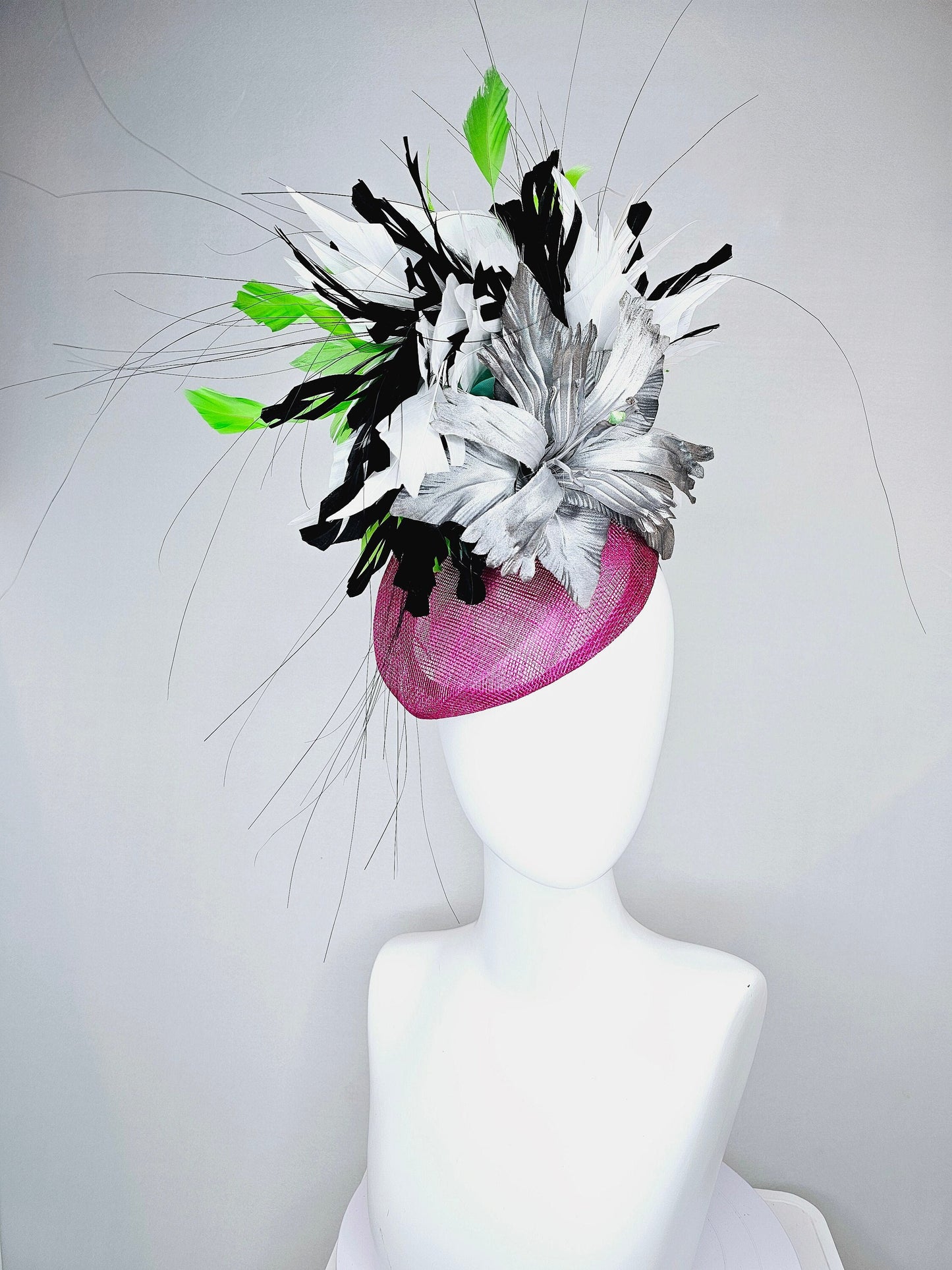 kentucky derby hat fascinator purple magenta violet sinamay with large gray silver metallic satin flower,and black,white,lime green feathers