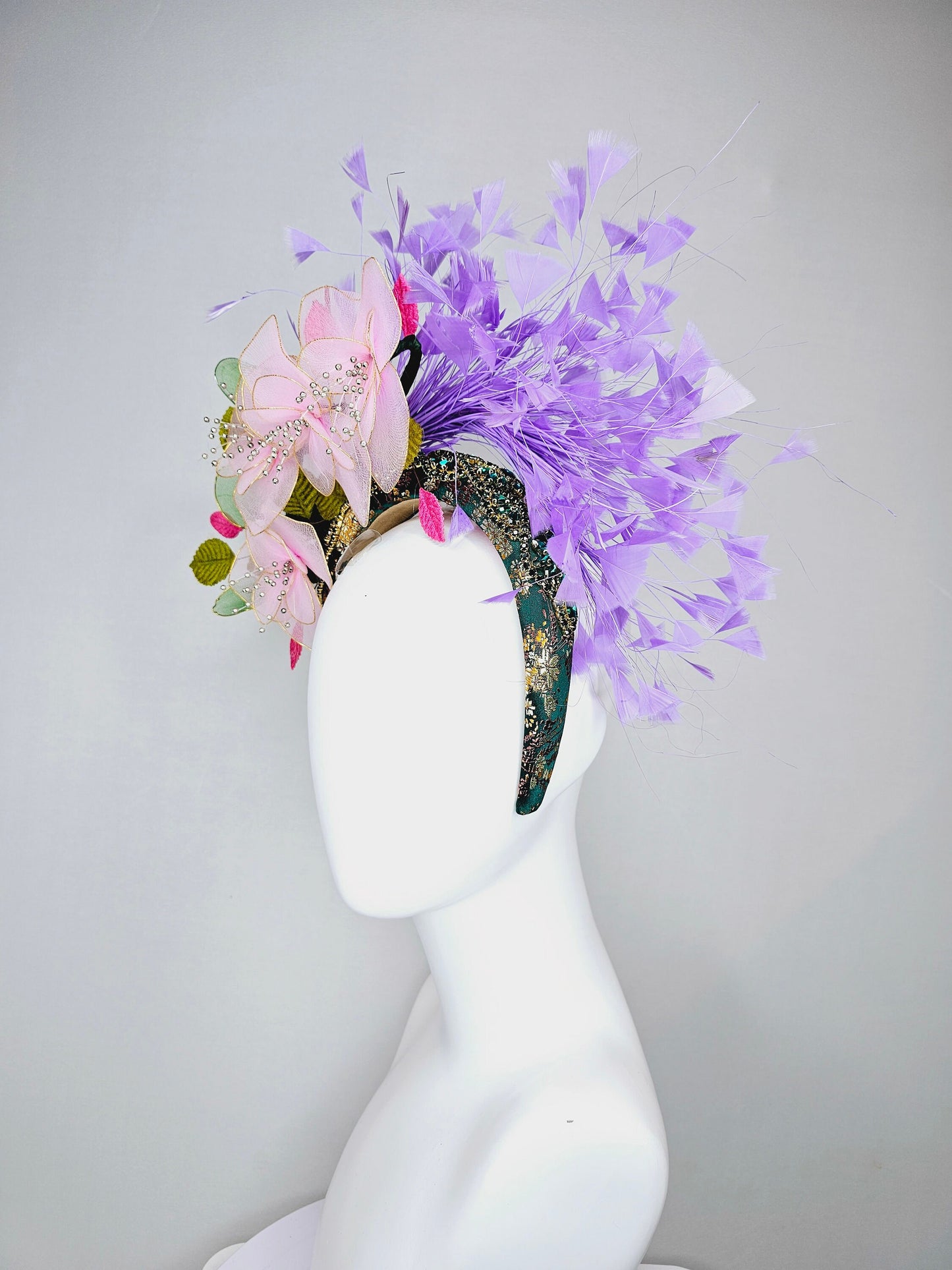 kentucky derby hat fascinator hunter green crystal rhinestone headband,baby pink wire mesh flowers,pink green leaves,with lavender feathers