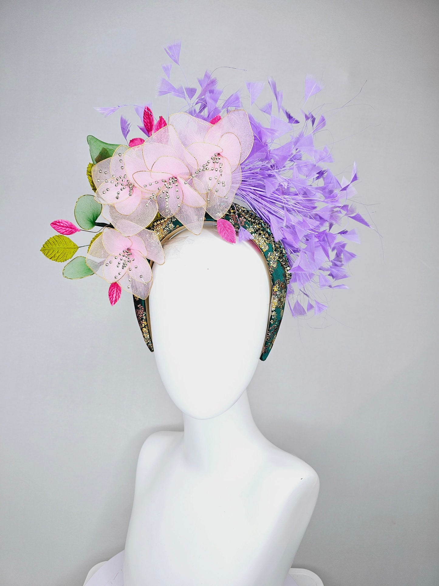 kentucky derby hat fascinator hunter green crystal rhinestone headband,baby pink wire mesh flowers,pink green leaves,with lavender feathers