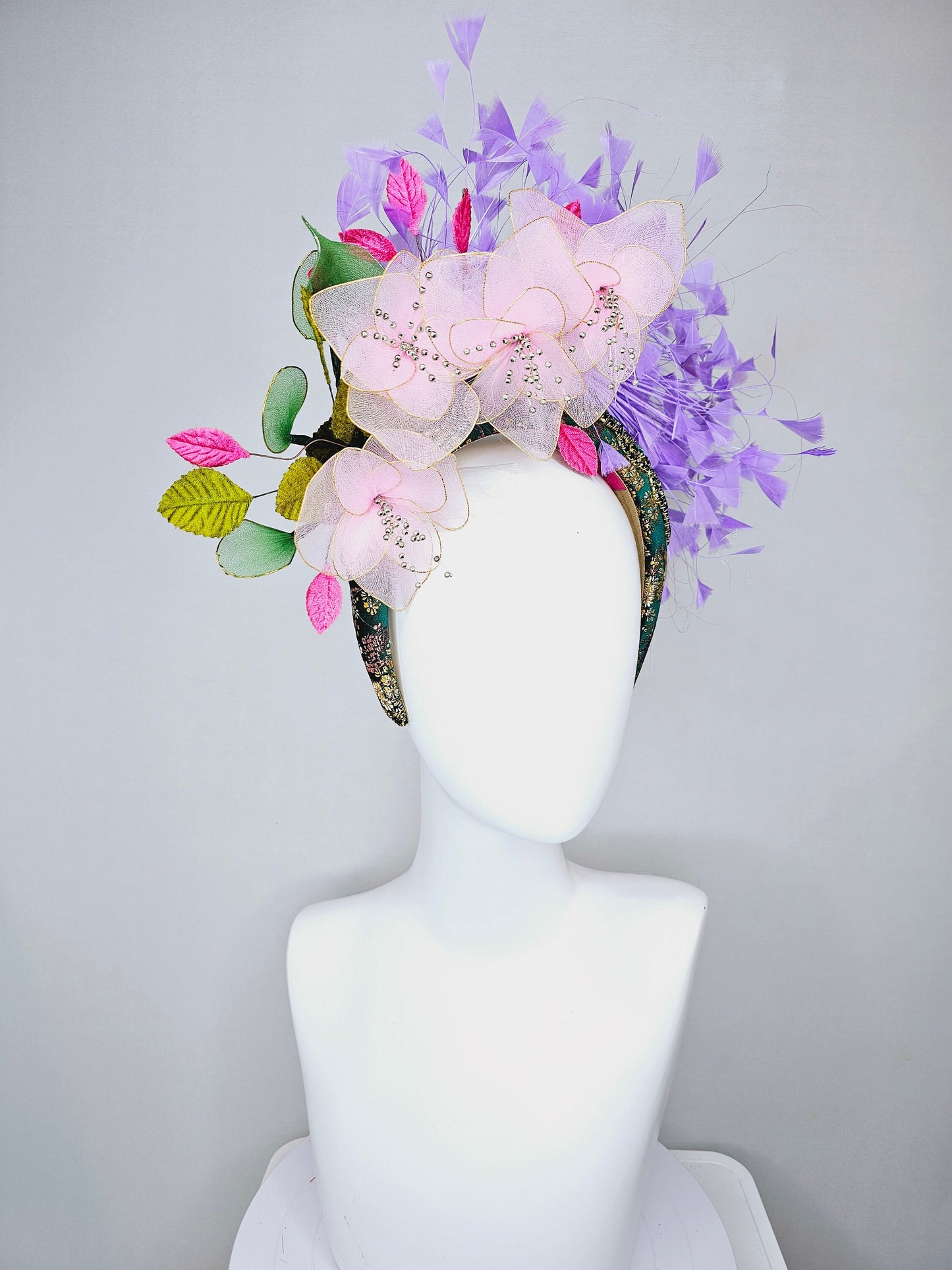 kentucky derby hat fascinator hunter green crystal rhinestone headband,baby pink wire mesh flowers,pink green leaves,with lavender feathers