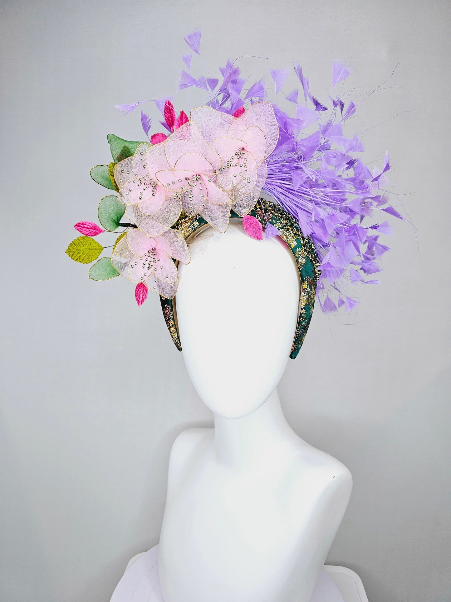 kentucky derby hat fascinator hunter green crystal rhinestone headband,baby pink wire mesh flowers,pink green leaves,with lavender feathers