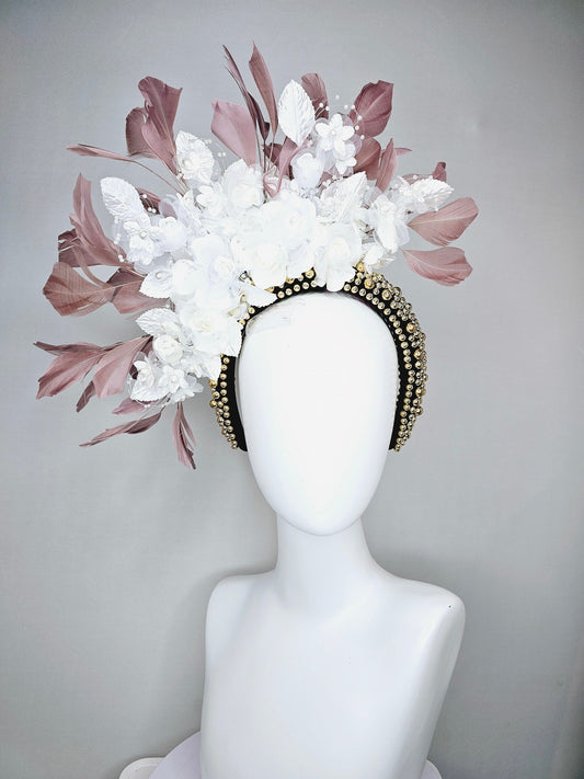 kentucky derby hat fascinator gold pearl beaded headband with white organza satin flowers and leaves,and taupe brown branching feathers