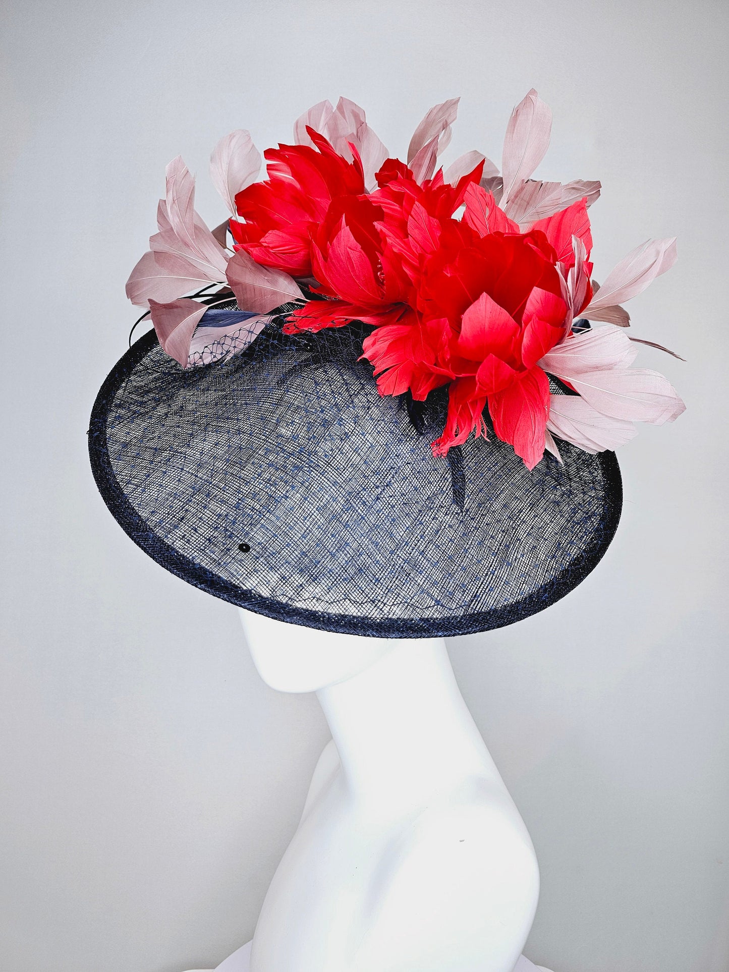 kentucky derby hat fascinator midnight navy blue sinamay saucer with netting and sequin,red fluffy feather flowers and blush taupe feathers