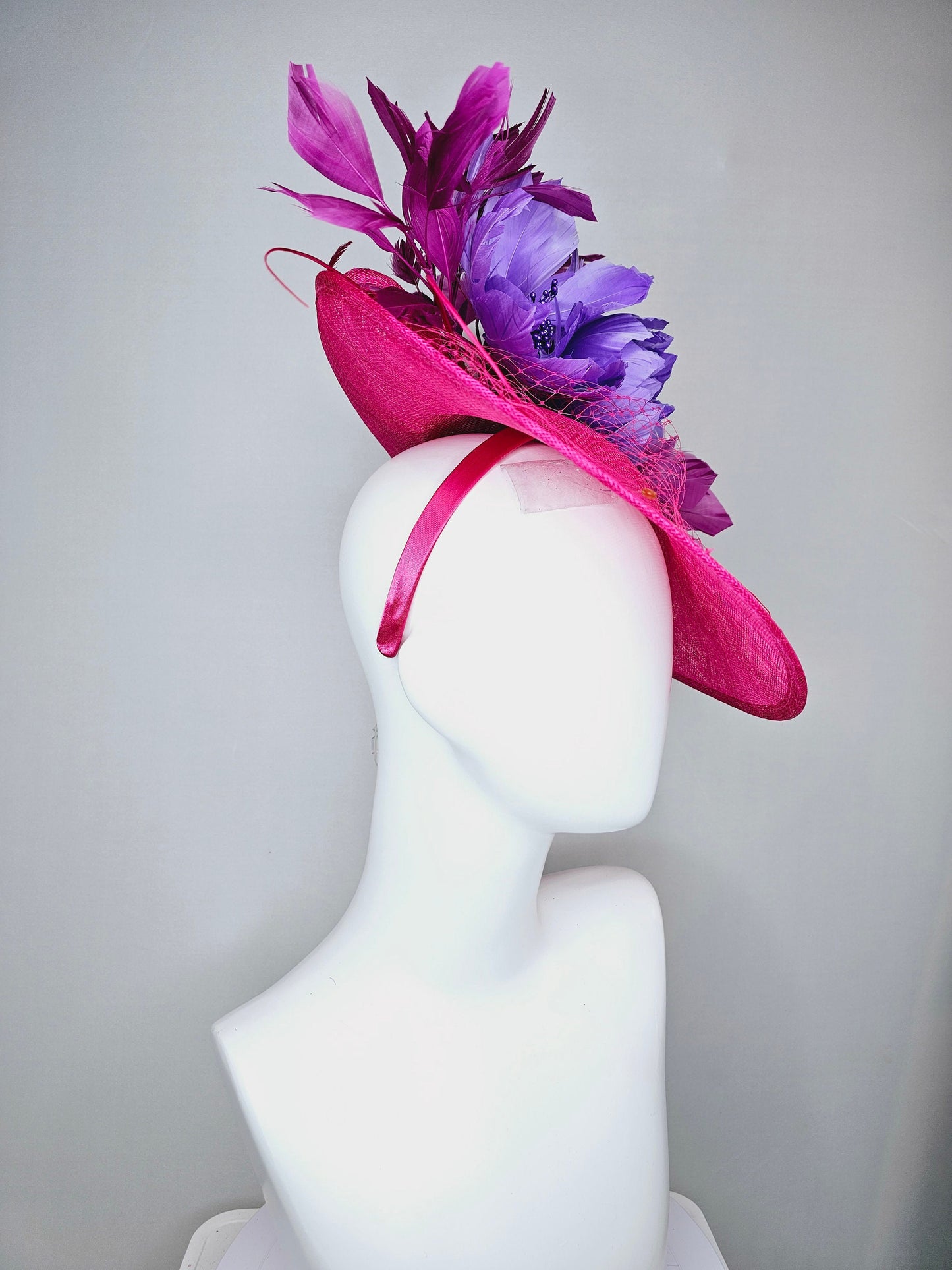 kentucky derby hat fascinator hot pink sinamay saucer with matching pink netting n sequin,lavender purple feather flowers,purple feathers