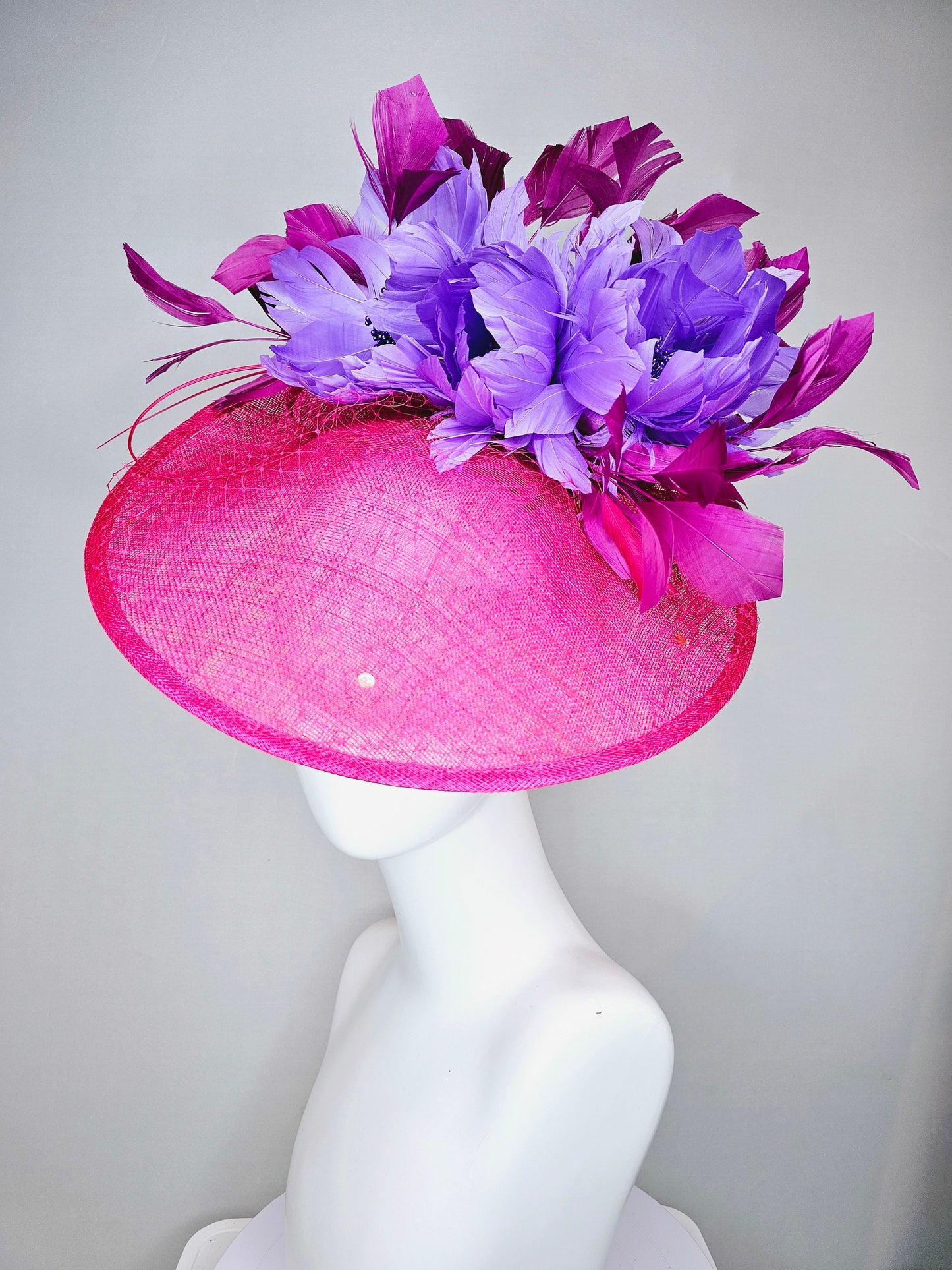 kentucky derby hat fascinator hot pink sinamay saucer with matching pink netting n sequin,lavender purple feather flowers,purple feathers