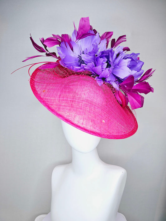 kentucky derby hat fascinator hot pink sinamay saucer with matching pink netting n sequin,lavender purple feather flowers,purple feathers