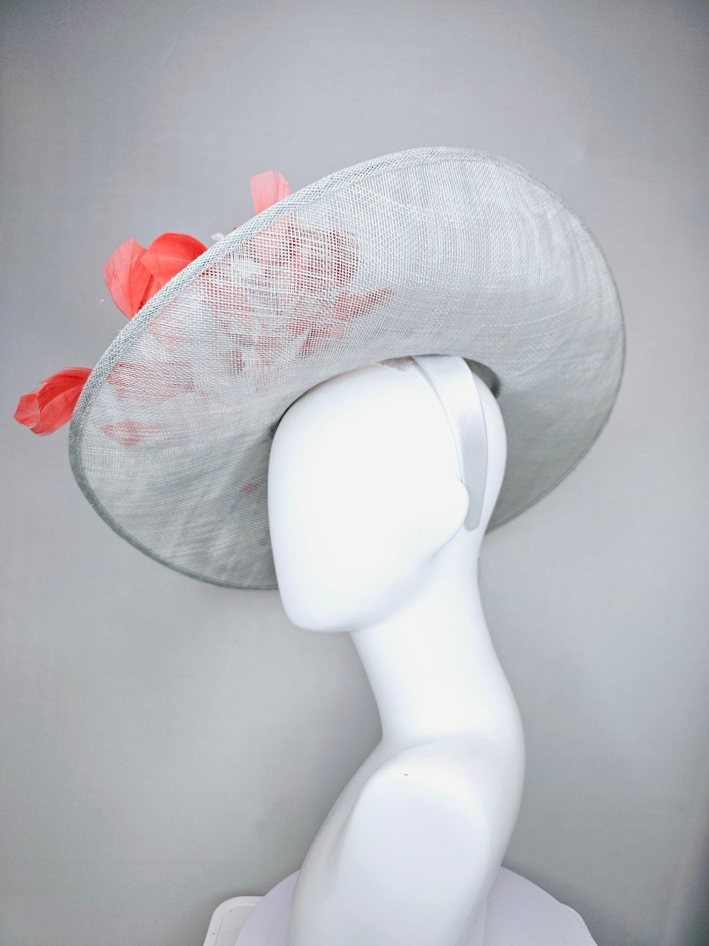 kentucky derby hat large wide brim sinamay gray hat with white ivory organza flowers and blue leaves with coral orange branching feathers