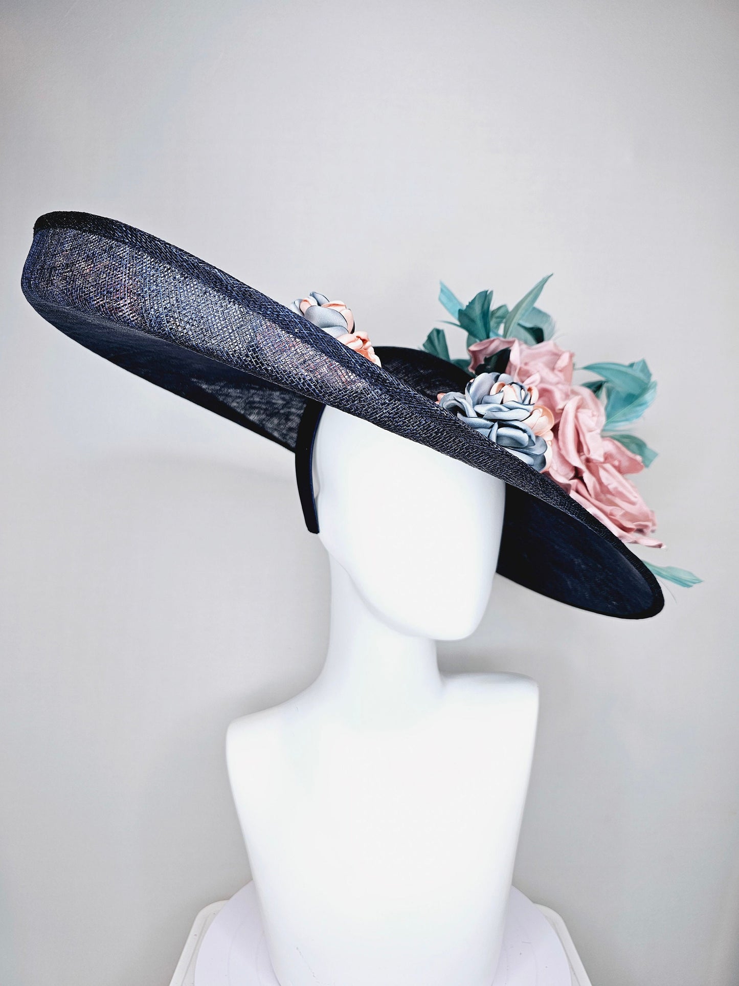 kentucky derby hat large wide brim sinamay midnight navy blue hat,teal blue feathers,pink satin flower,with silver peach embroidered flowers