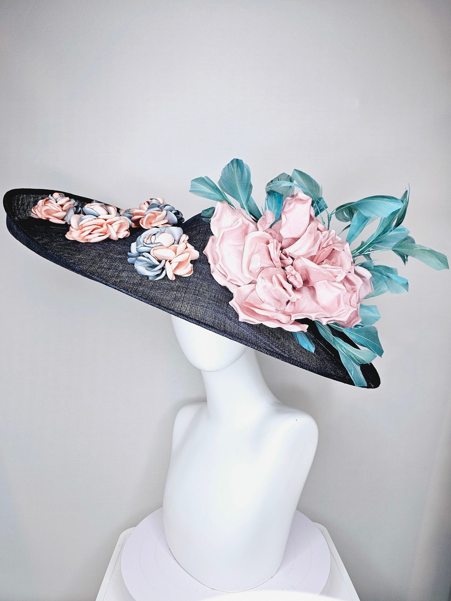 kentucky derby hat large wide brim sinamay midnight navy blue hat,teal blue feathers,pink satin flower,with silver peach embroidered flowers