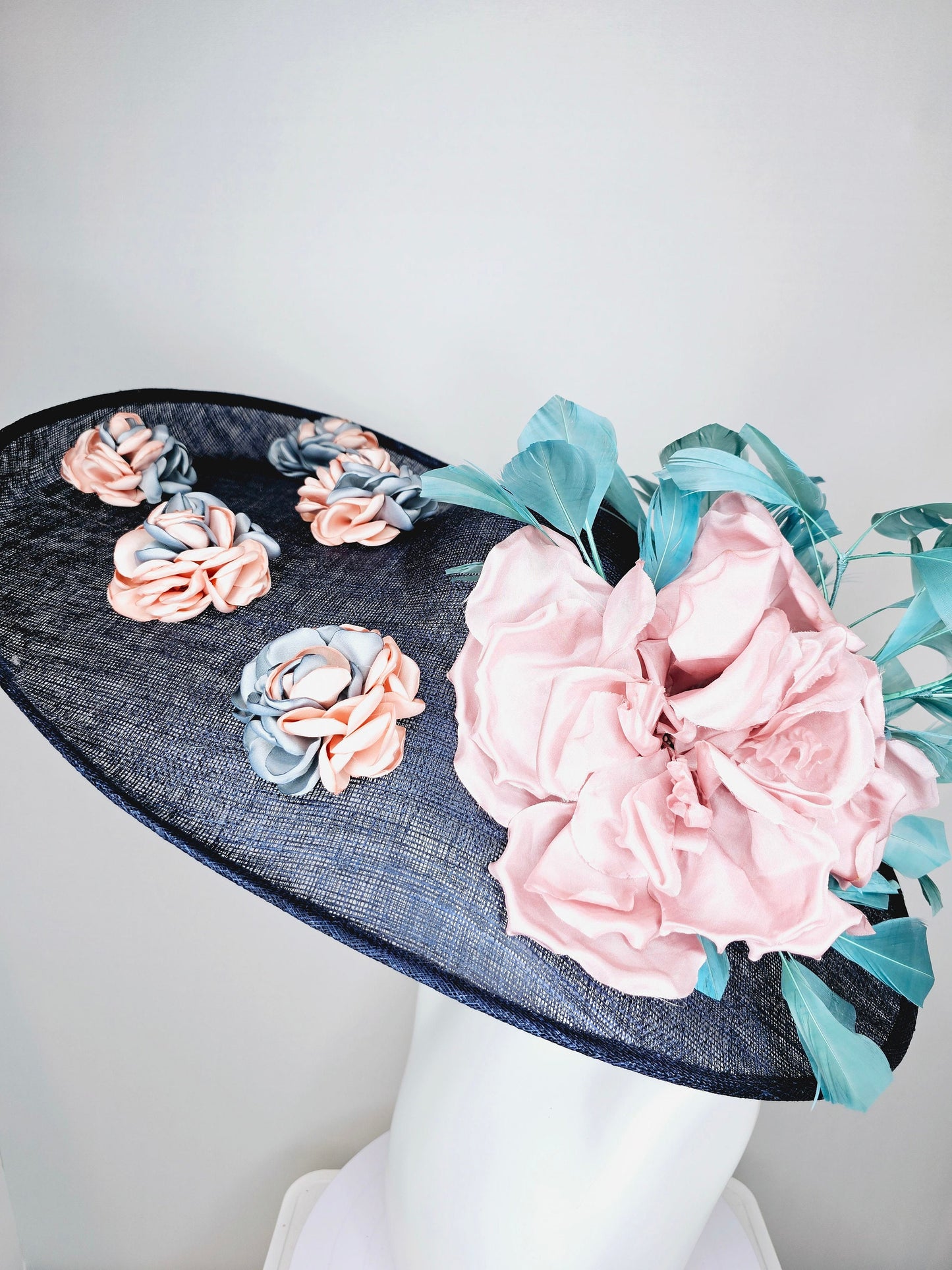 kentucky derby hat large wide brim sinamay midnight navy blue hat,teal blue feathers,pink satin flower,with silver peach embroidered flowers