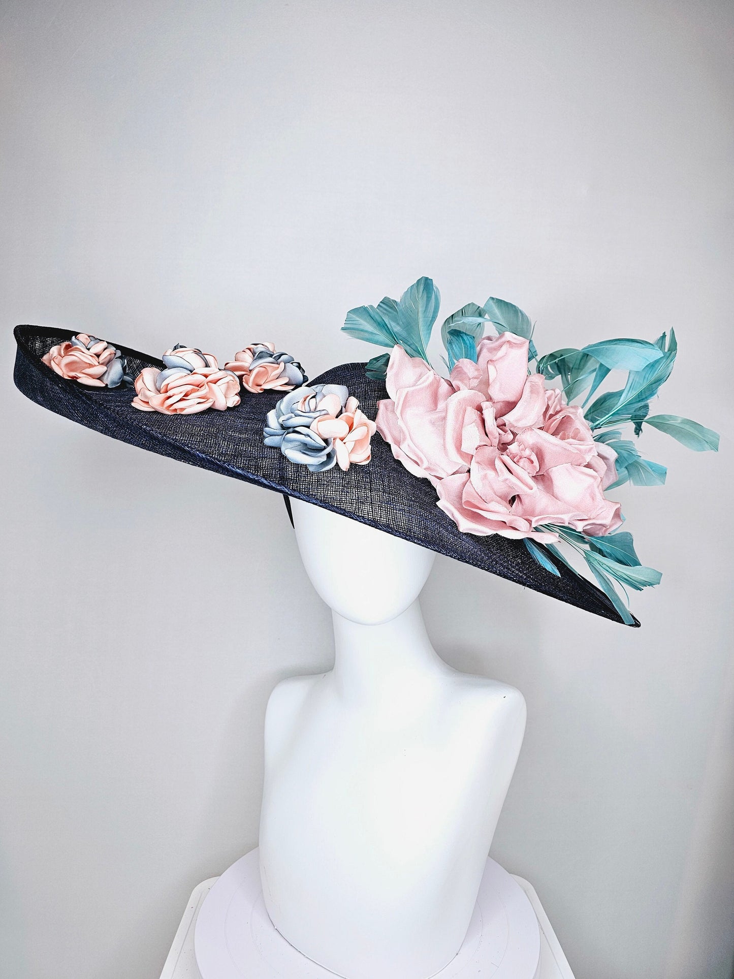 kentucky derby hat large wide brim sinamay midnight navy blue hat,teal blue feathers,pink satin flower,with silver peach embroidered flowers