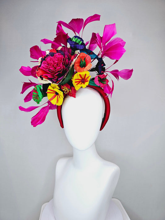 kentucky derby hat fascinator red satin headband,rainbow colorful yellow,red,orange,pink,green corn husk flowers,fuchsia pink feathers