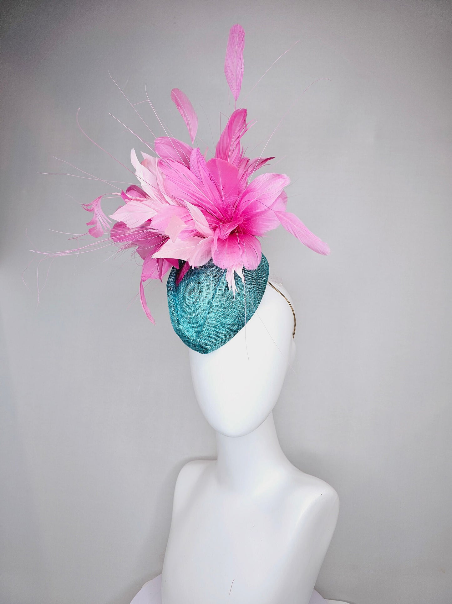 kentucky derby hat fascinator turquoise blue sinamay with fluffy baby pink feather flowers