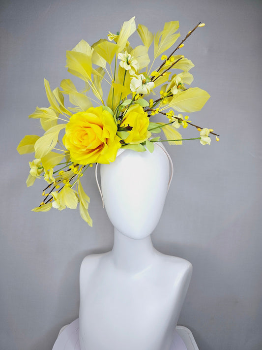 kentucky derby hat fascinator white satin headband with yellow feathers,sunshine yellow organza satin rose flower,pastel yellow flower stems