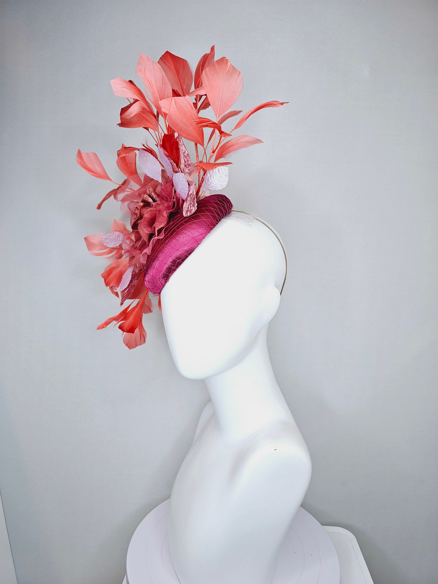 kentucky derby hat fascinator magenta purple pink satin with coral red organza satin flower,coral orange feathers and white peach leaves