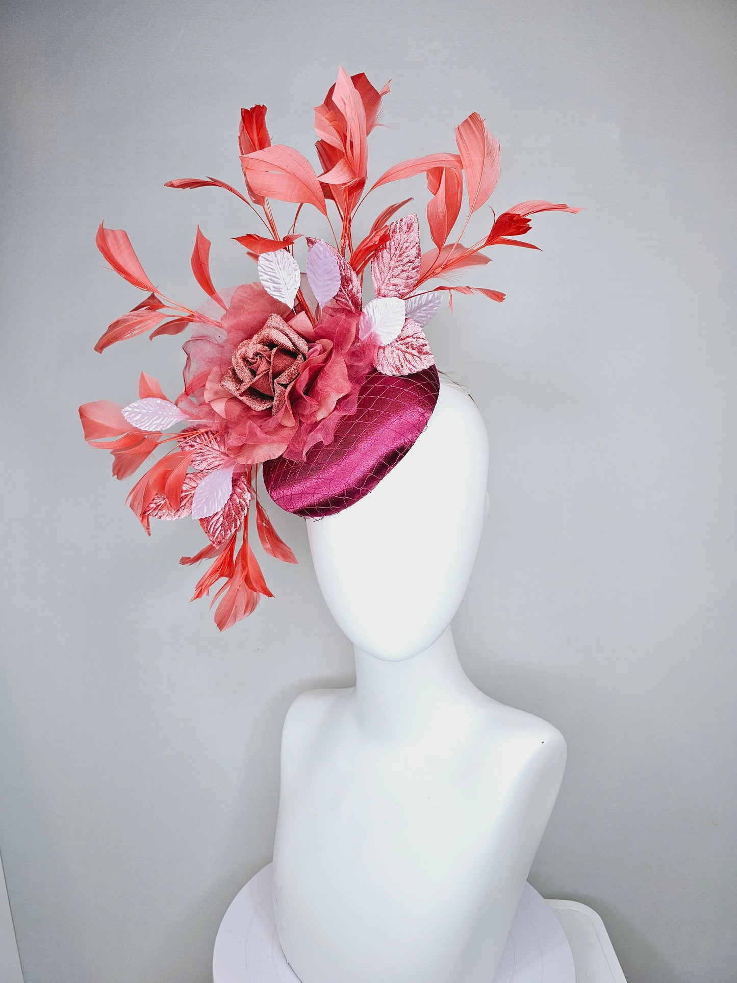 kentucky derby hat fascinator magenta purple pink satin with coral red organza satin flower,coral orange feathers and white peach leaves