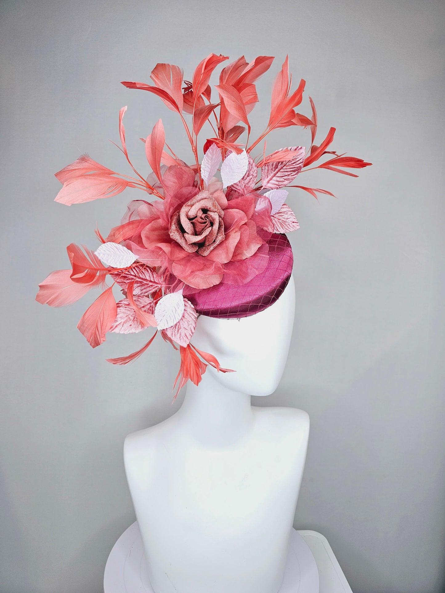 kentucky derby hat fascinator magenta purple pink satin with coral red organza satin flower,coral orange feathers and white peach leaves