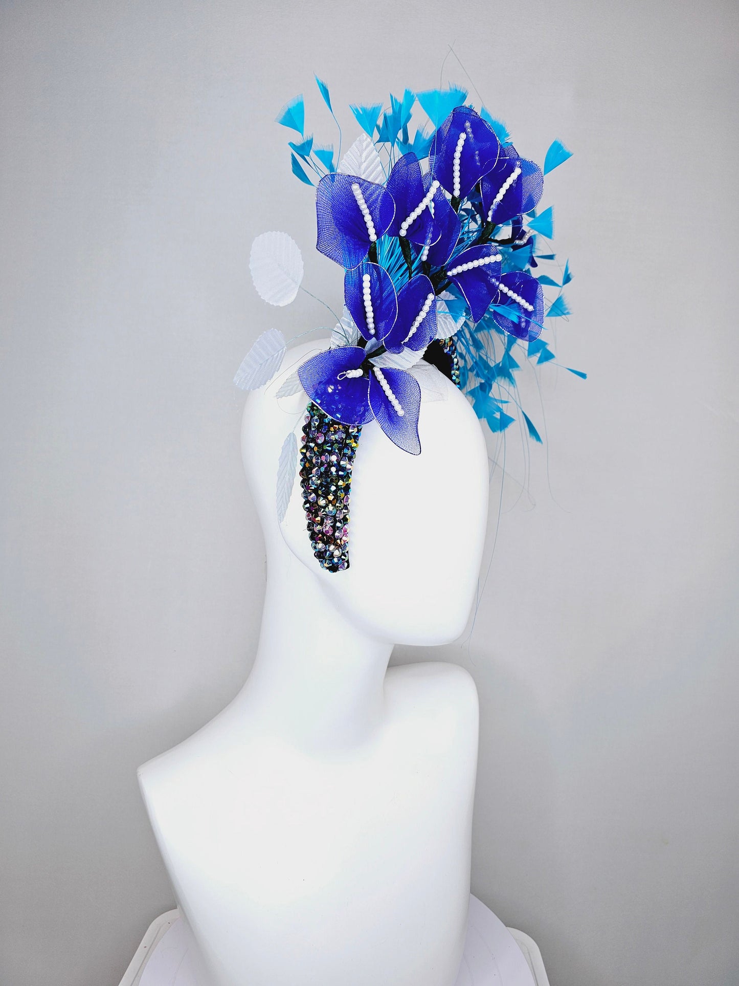 kentucky derby hat fascinator iridescent blue rhinestone crystal headband with blue wire flowers,ocean blue feathers,white velvet leaves