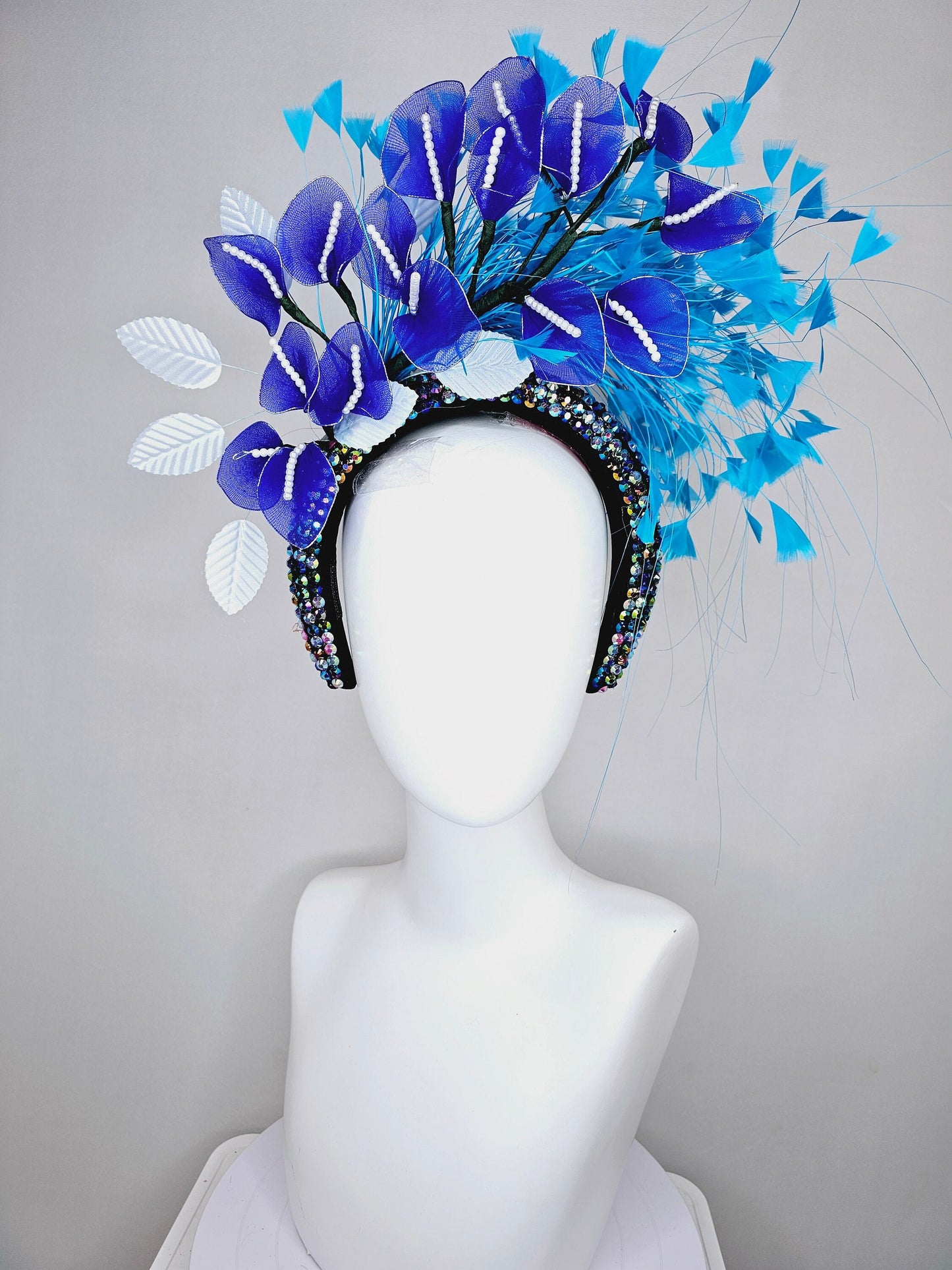 kentucky derby hat fascinator iridescent blue rhinestone crystal headband with blue wire flowers,ocean blue feathers,white velvet leaves