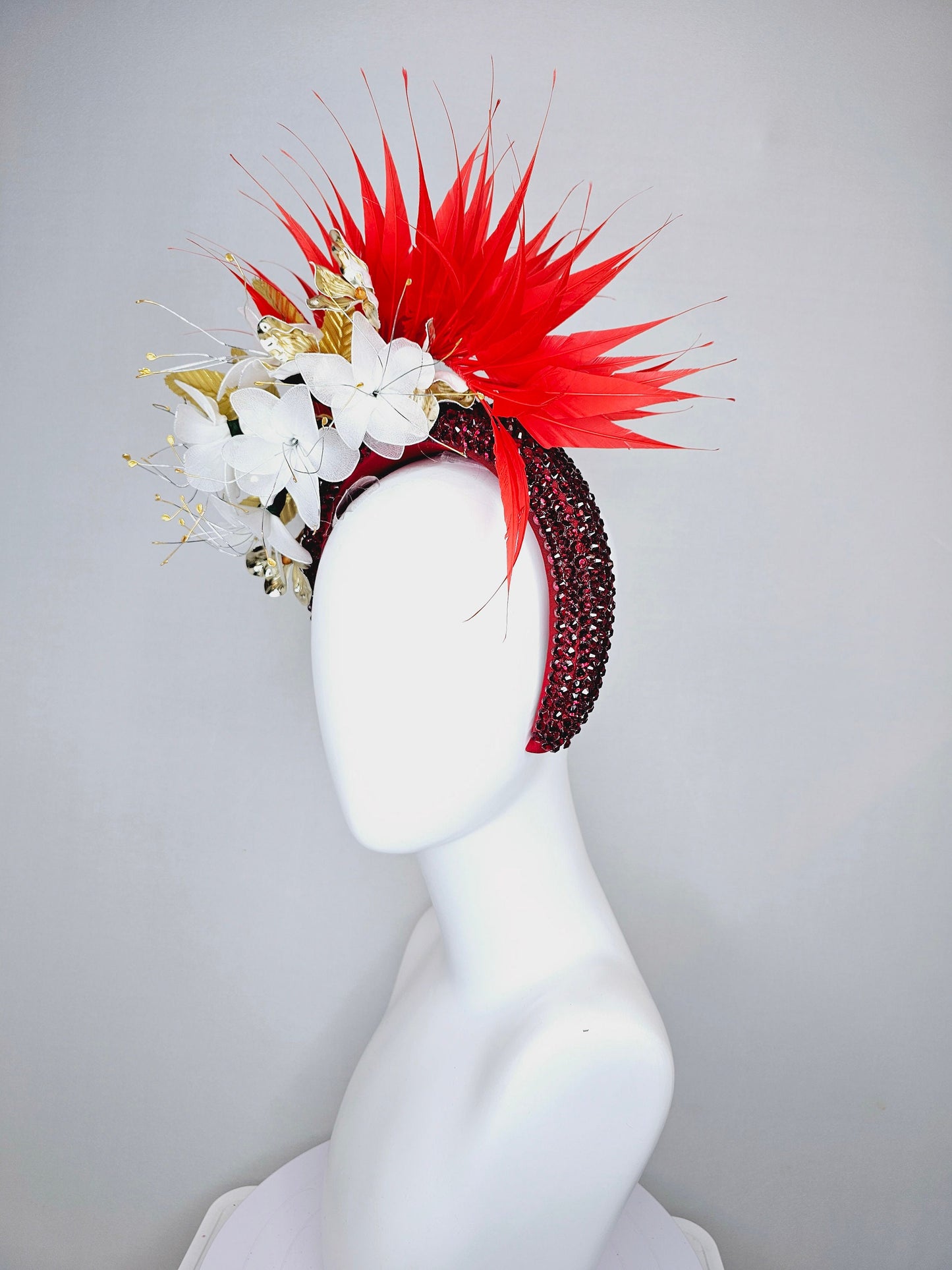 kentucky derby hat fascinator white wire mesh flowers,with bright red feathers and gold leaves on wine red swarovski crystal headband